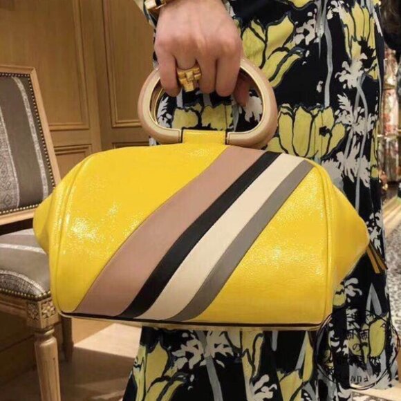 NEW! NWT! Tory Burch Half Moon Strip Mini Satchel Boston  -Yellow Leather Women - Picture 1 of 16